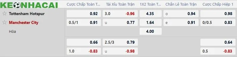 Soi kèo Tottenham vs Man City